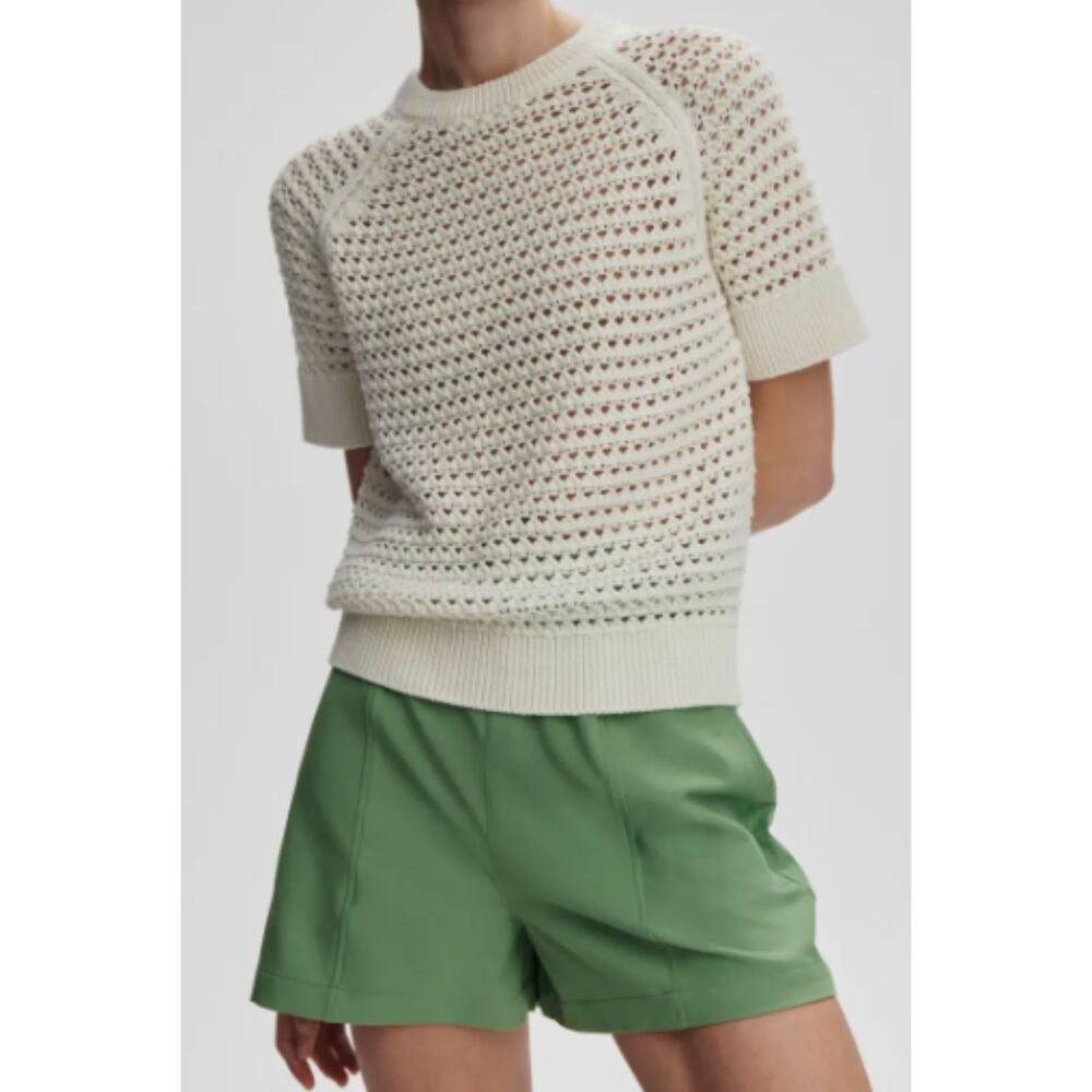 Varley Cream Cropped Open-Knit Short Sleeve Sweater